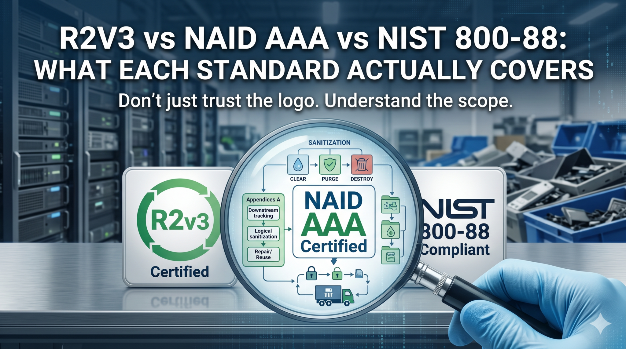 R2v3 vs NAID AAA vs NIST 800-88: What Each Standard Covers